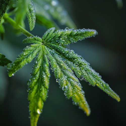 Tetrahydrocannabinol Cannabisblatt mit Wasserperlen